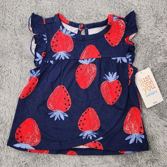 3/$20 Carter's Just One You Top Baby Girls 6M Blue Red Strawberry Print Cotton - Picture 1 of 9